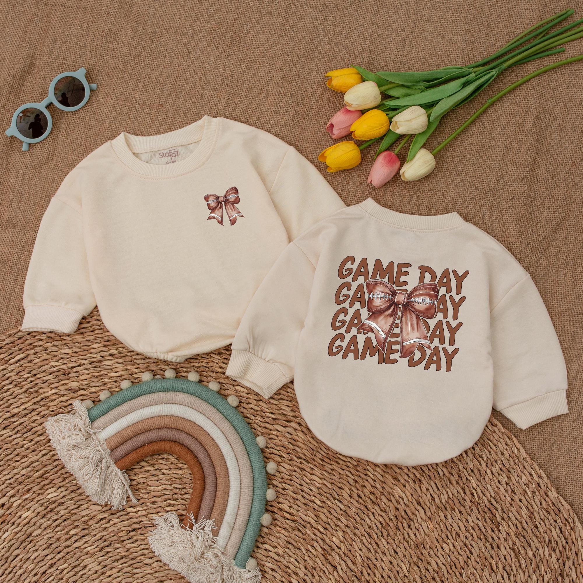 Football Game Day Baby Romper with Bow Adorable Sports Baby Bodysuit Brown Graphic Perfect for Football Season Baby Shower Gift