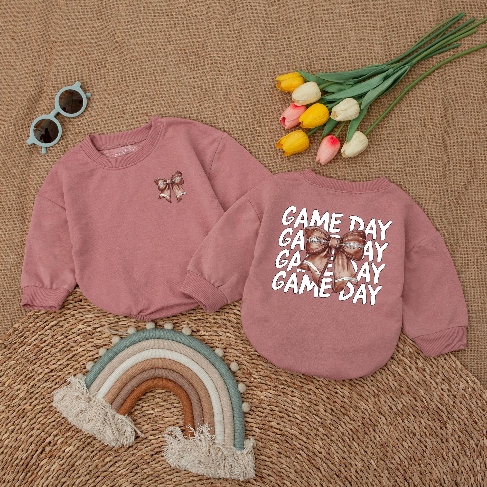 Football Game Day Baby Romper with Bow Adorable Sports Baby Bodysuit Brown Graphic Perfect for Football Season Baby Shower Gift