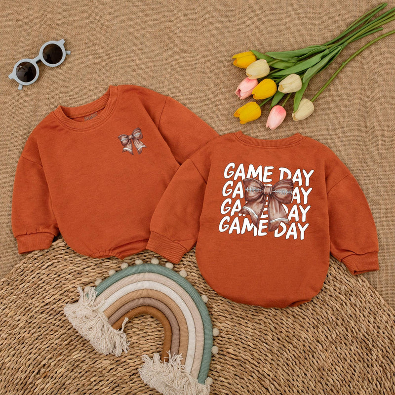 Football Game Day Baby Romper with Bow Adorable Sports Baby Bodysuit Brown Graphic Perfect for Football Season Baby Shower Gift