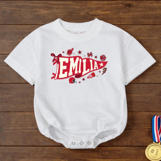 Football Game Day Baby Romper with Custom Name, Cheerleader Motif and Sports Icons, Personalized Infant Outfit for Game Day Fans