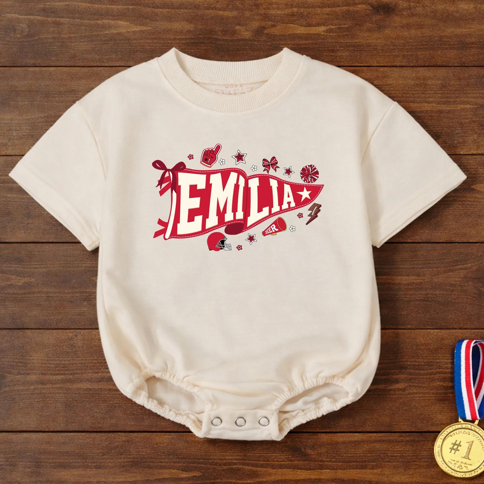 Football Game Day Baby Romper with Custom Name, Cheerleader Motif and Sports Icons, Personalized Infant Outfit for Game Day Fans