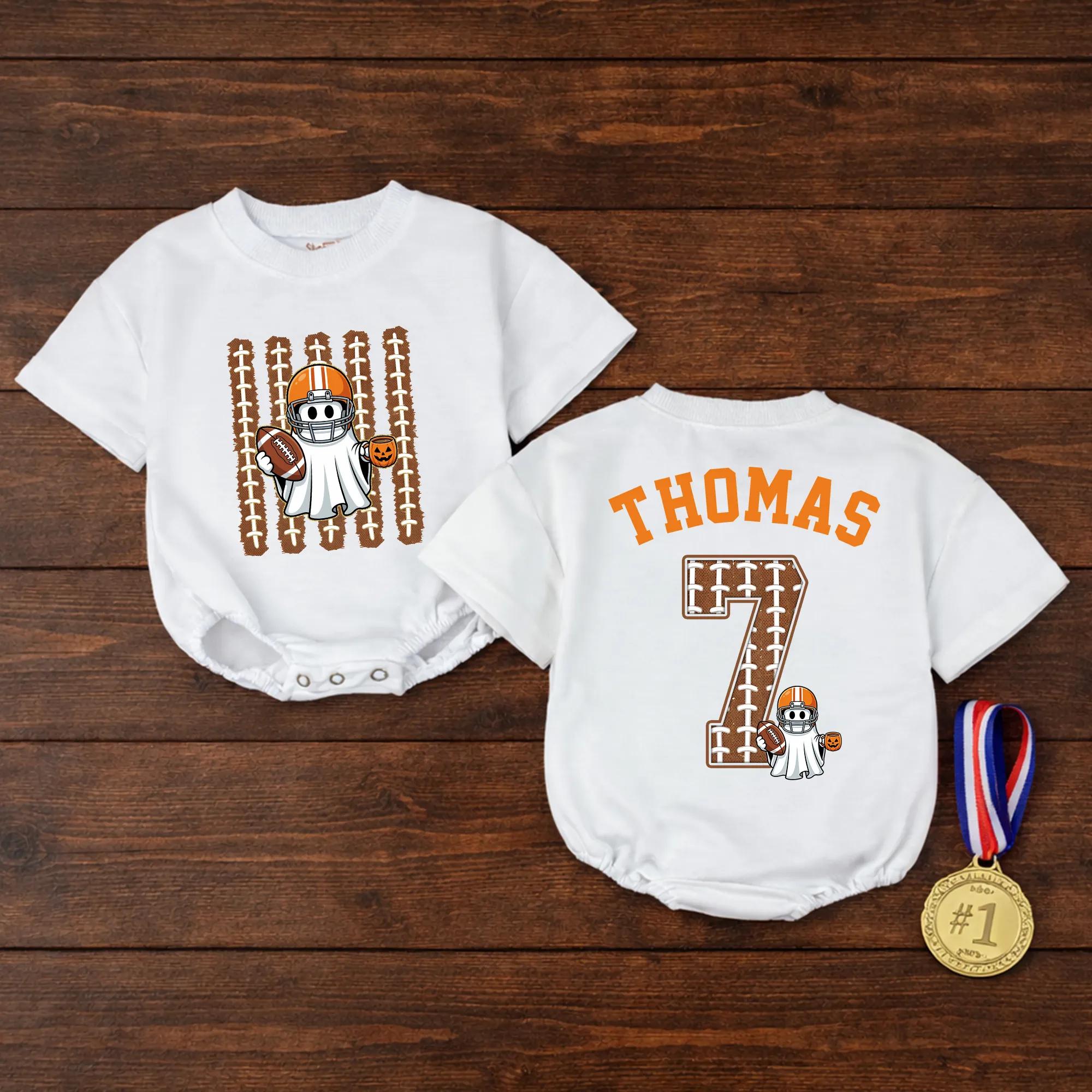Football Ghost Baby Romper with Custom Name & Number, Halloween Toddler Outfit, Spooky Game Day Baby Shower Gift