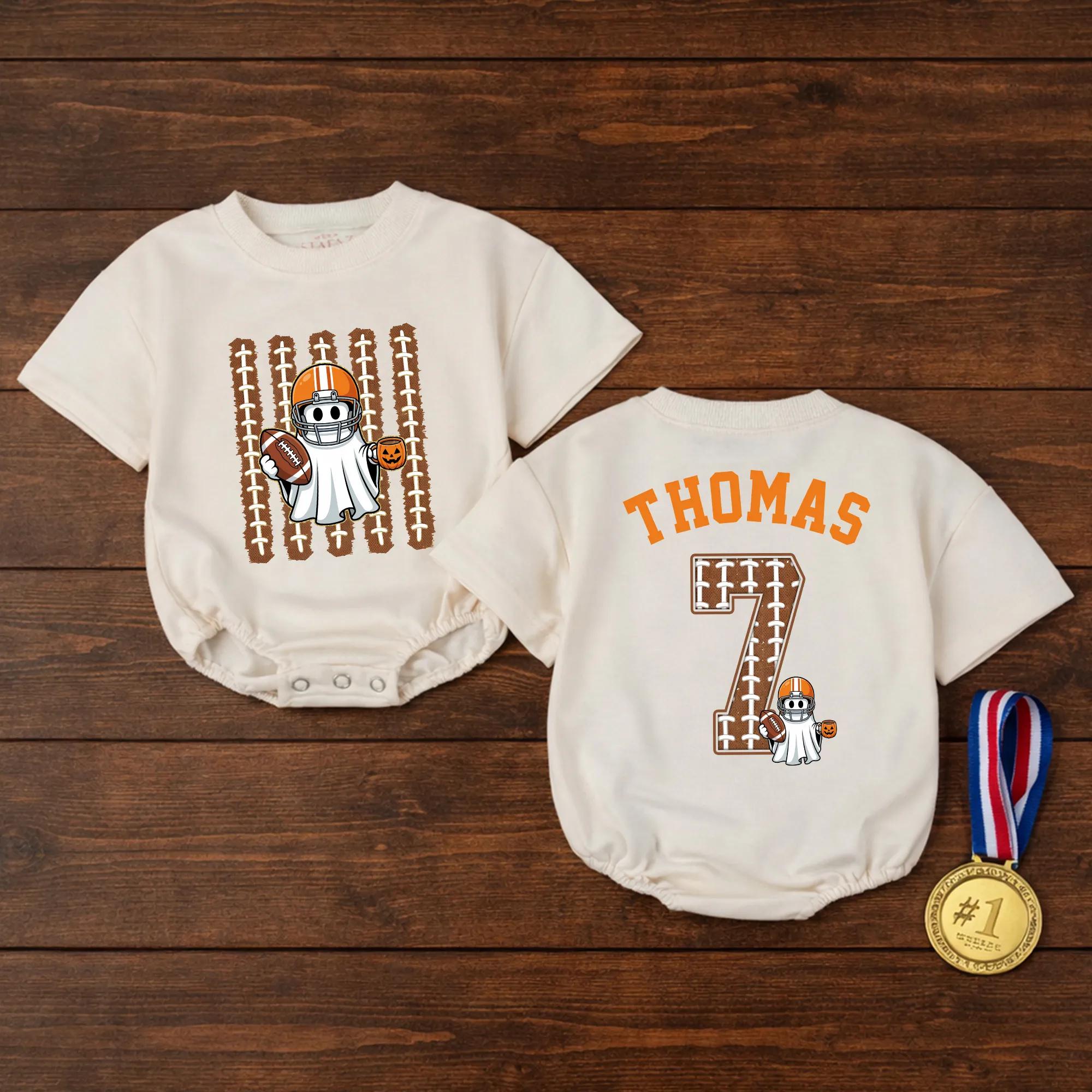 Football Ghost Baby Romper with Custom Name & Number, Halloween Toddler Outfit, Spooky Game Day Baby Shower Gift