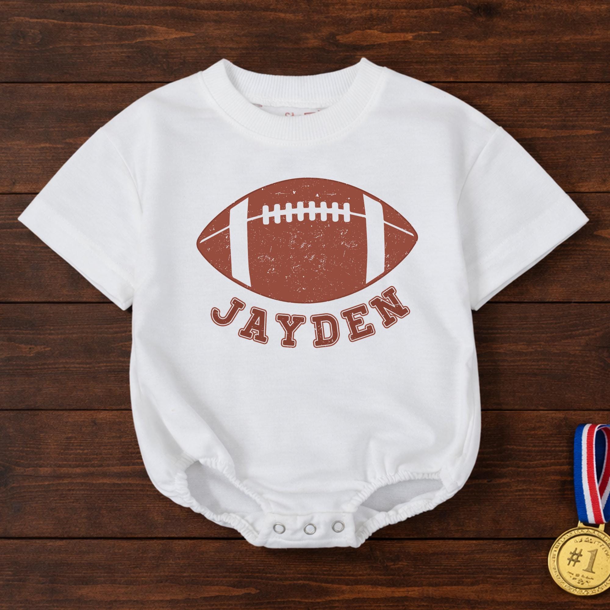 Football Graphic Baby Bubble Romper with Custom Name, Newborn Boy Outfit for Game Day, Sports-Themed Baby Shower Gift