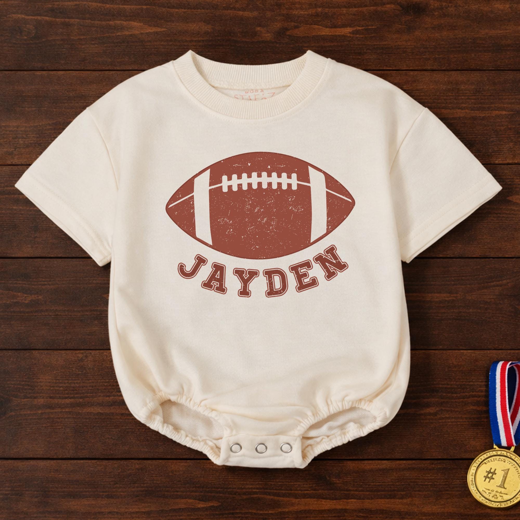 Football Graphic Baby Bubble Romper with Custom Name, Newborn Boy Outfit for Game Day, Sports-Themed Baby Shower Gift