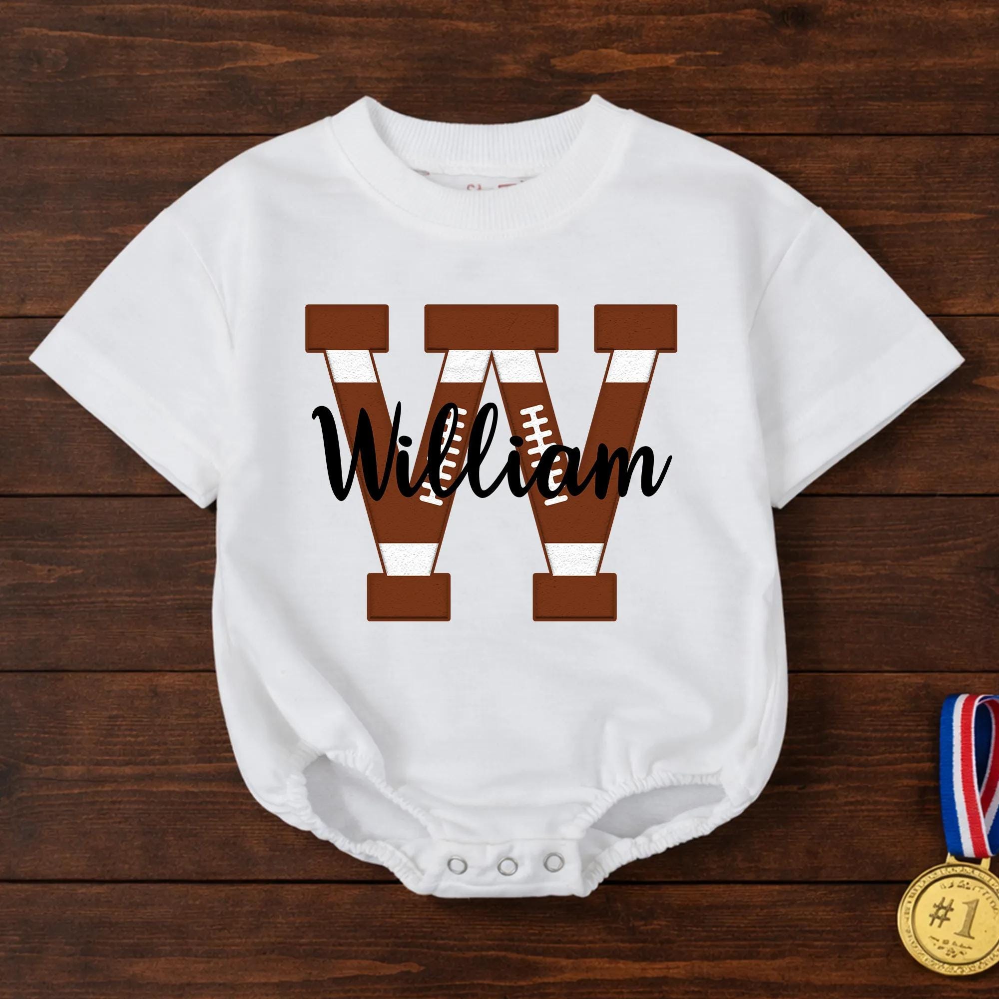 Football Initial Baby Bubble Romper with Custom Name, Game Day Outfit for Little Fans, Newborn Personalized Sports Gift