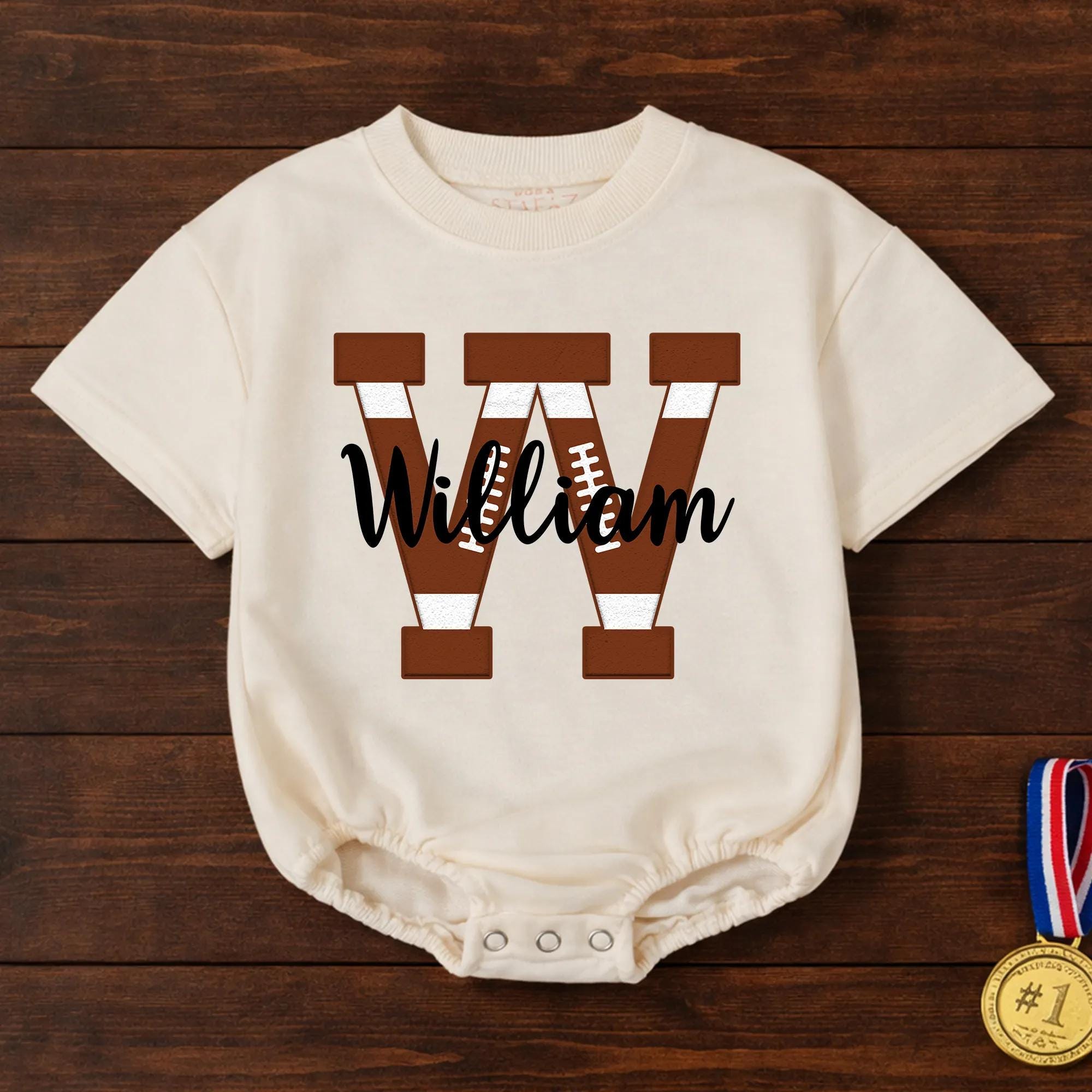 Football Initial Baby Bubble Romper with Custom Name, Game Day Outfit for Little Fans, Newborn Personalized Sports Gift