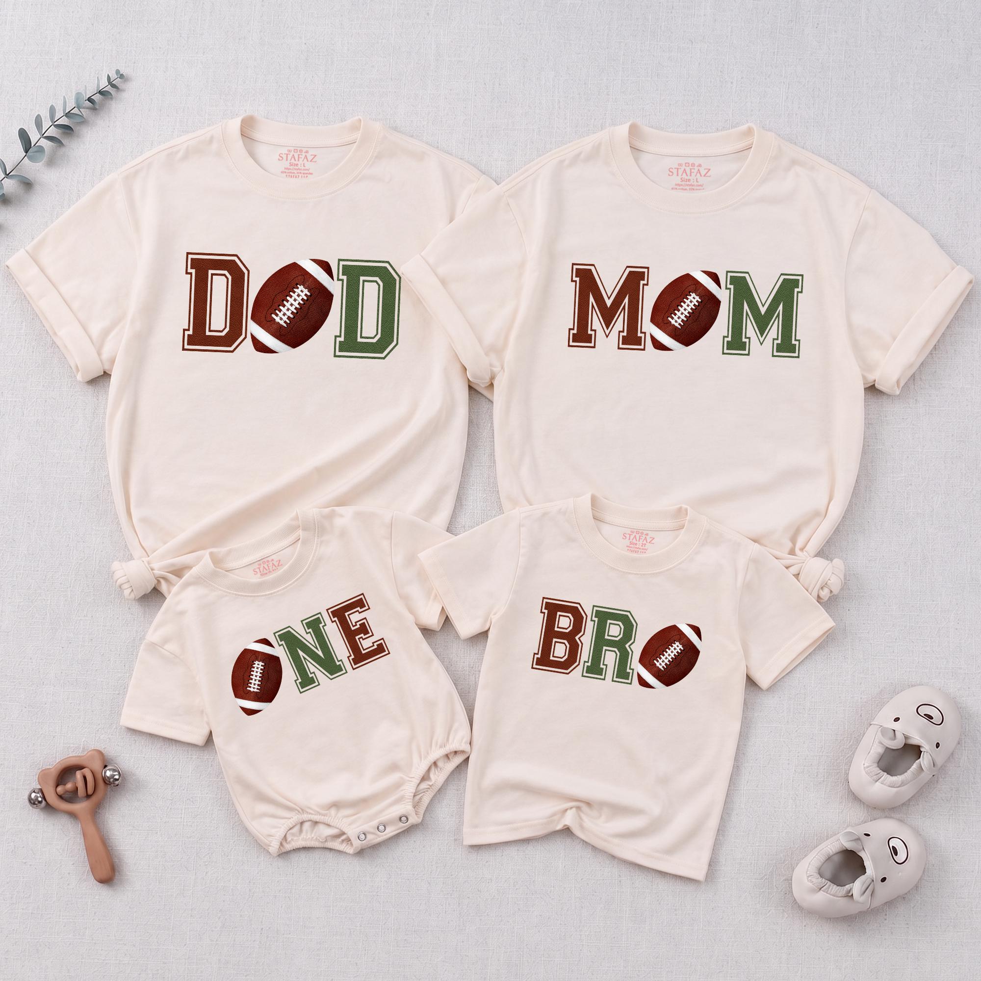 Football Matching Family Shirts with 'Mom', 'Dad', 'Bro' & 'One' Designs, Personalized Baby Romper for First Birthday Outfit
