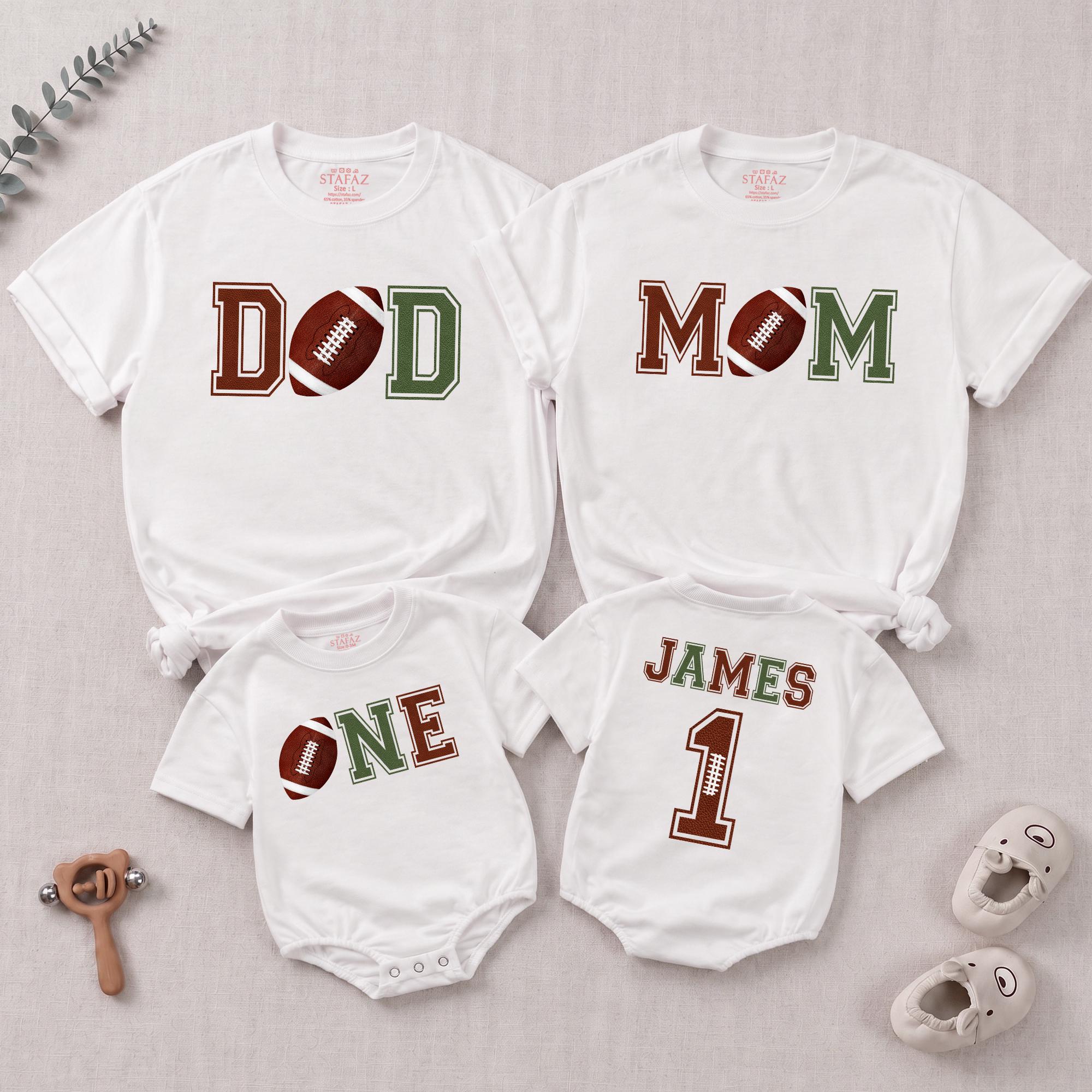 Football Matching Family Shirts with 'Mom', 'Dad', 'Bro' & 'One' Designs, Personalized Baby Romper for First Birthday Outfit