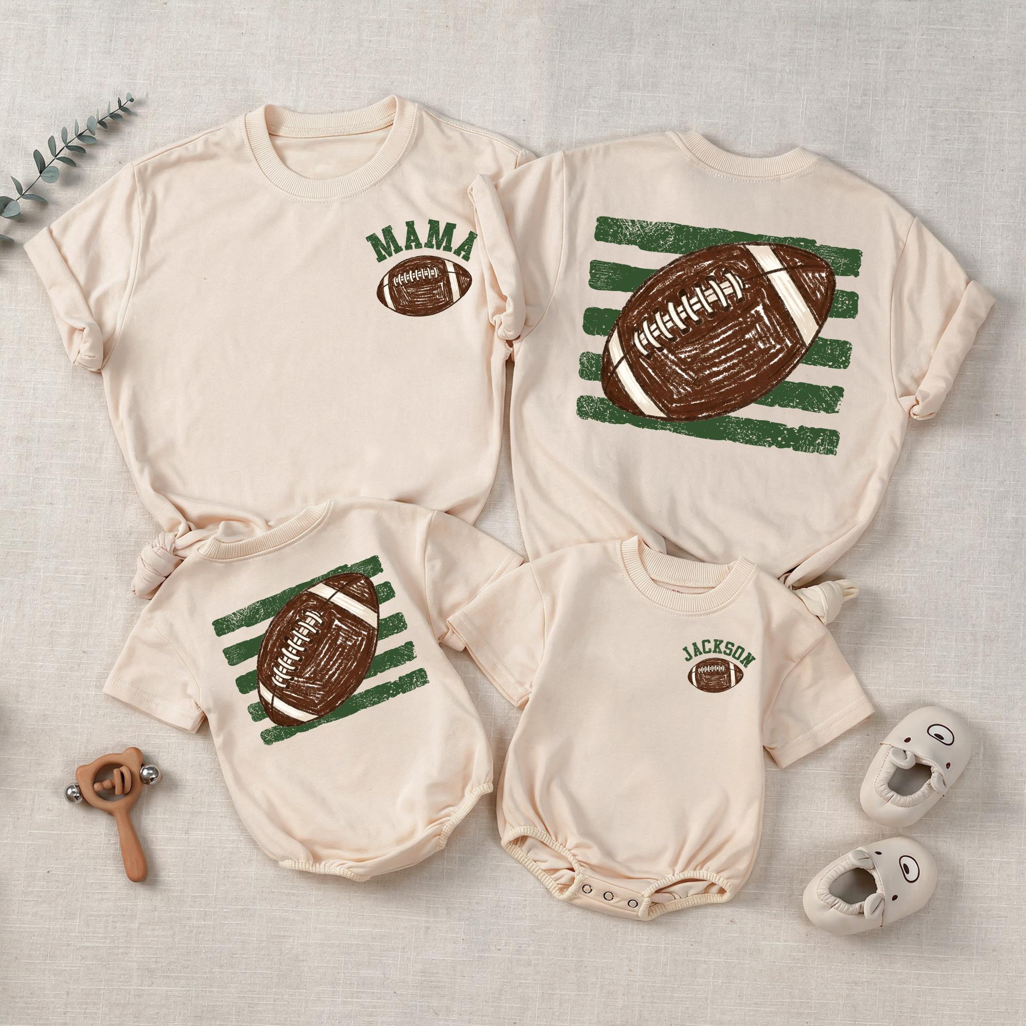Football Stripe Baby Romper and Matching Family Shirts with Custom Name, Distressed Back Print, Perfect for Game Days