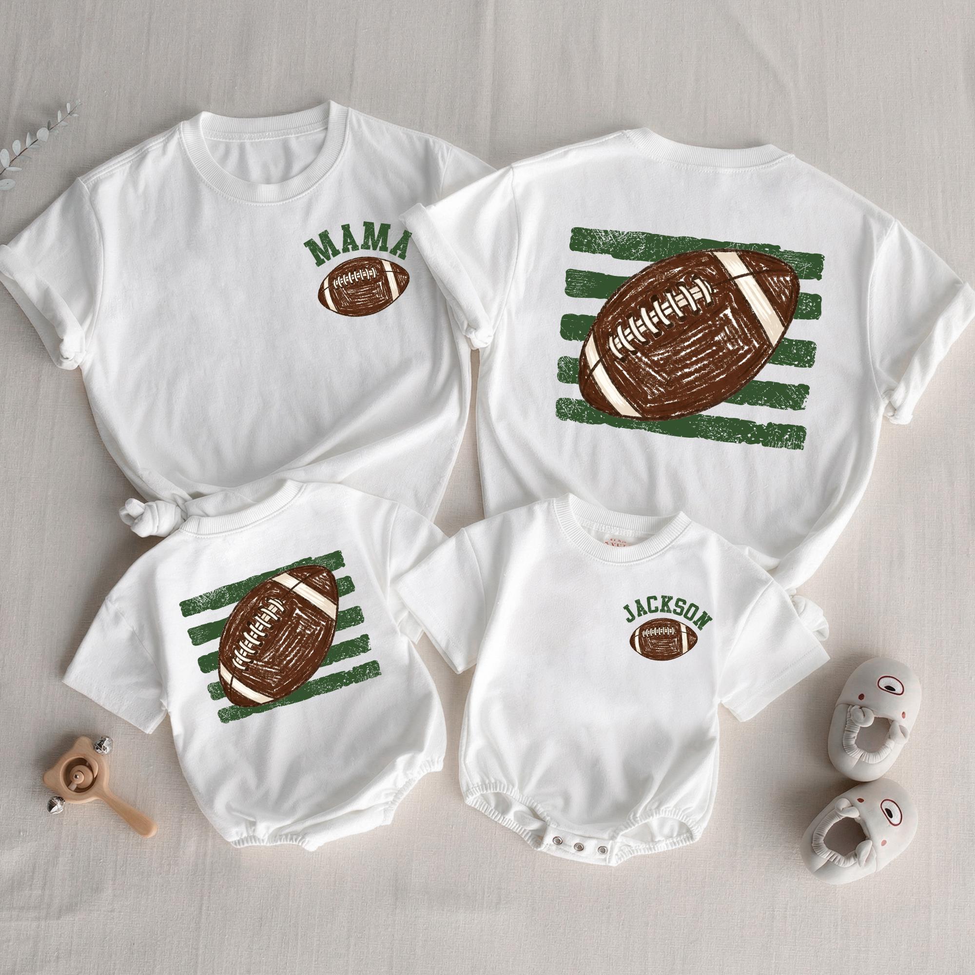 Football Stripe Baby Romper and Matching Family Shirts with Custom Name, Distressed Back Print, Perfect for Game Days
