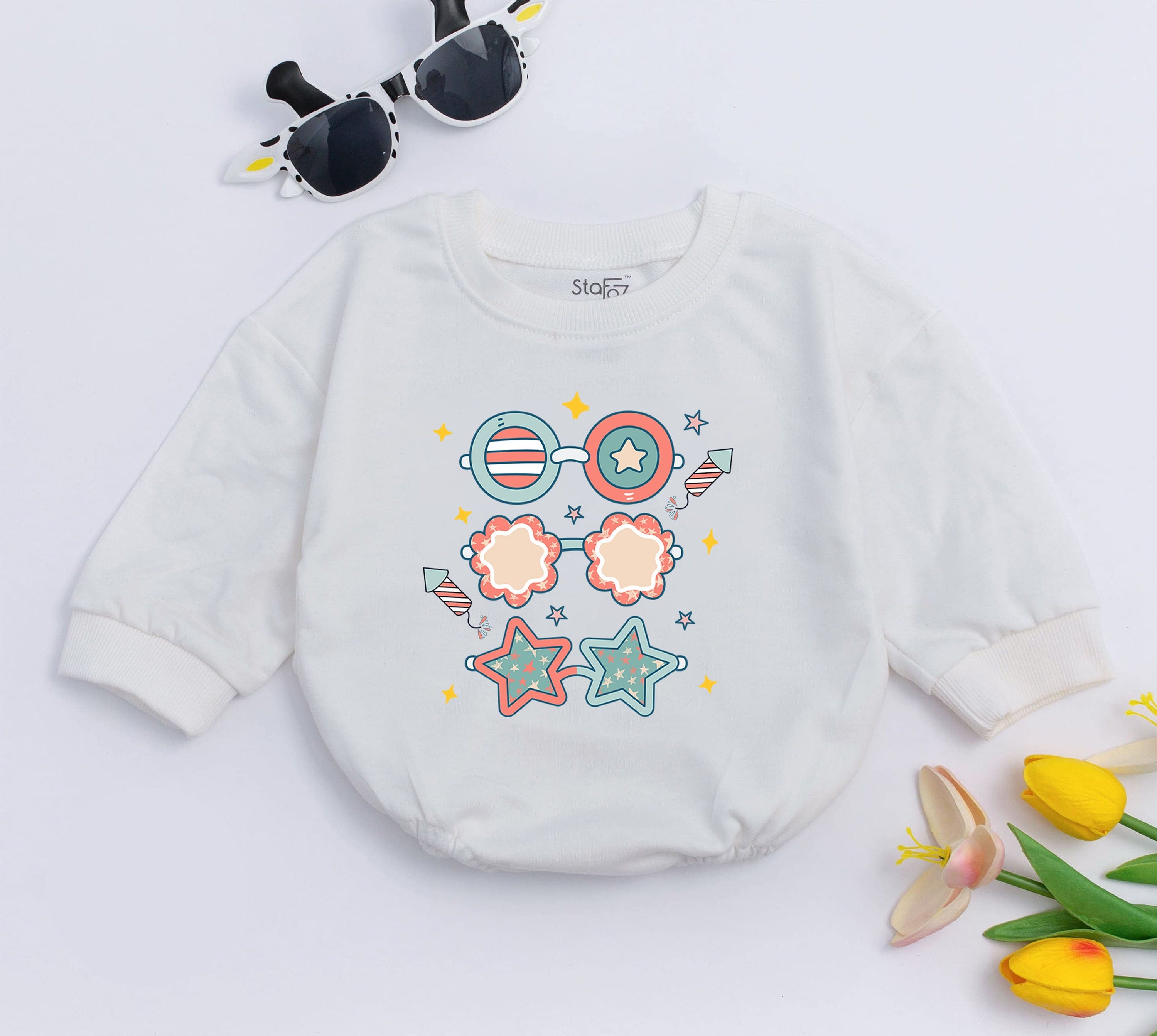 Fourth of July Patriotic Baby Romper with Star and Stripes Sunglasses Festive Infant Bodysuit for Independence Day Celebrations