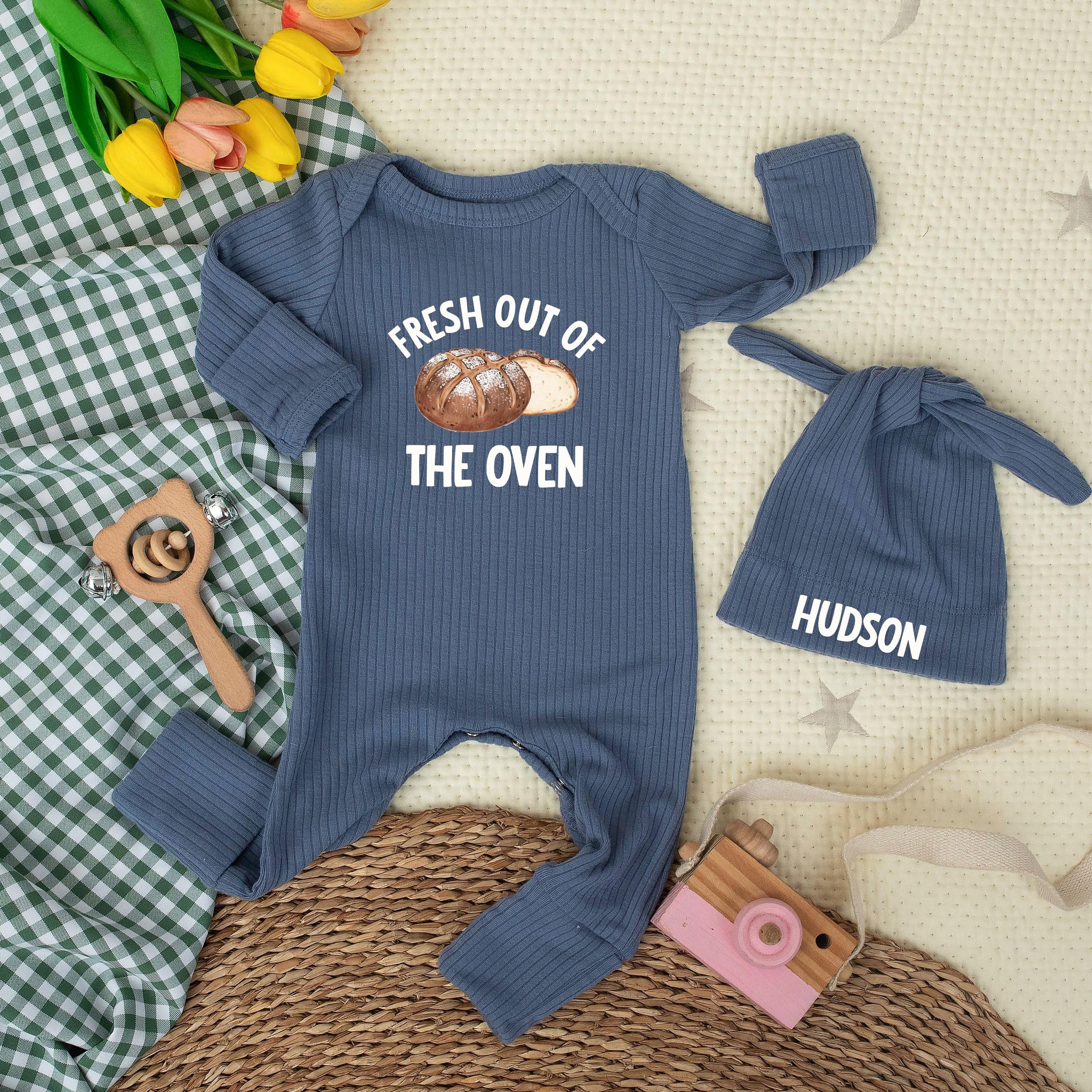 Fresh Out of the Oven Baby Bodysuit and Hat Set, Funny Bread Graphic Newborn Outfit with Custom Name, Gender Neutral Baby Shower Gift
