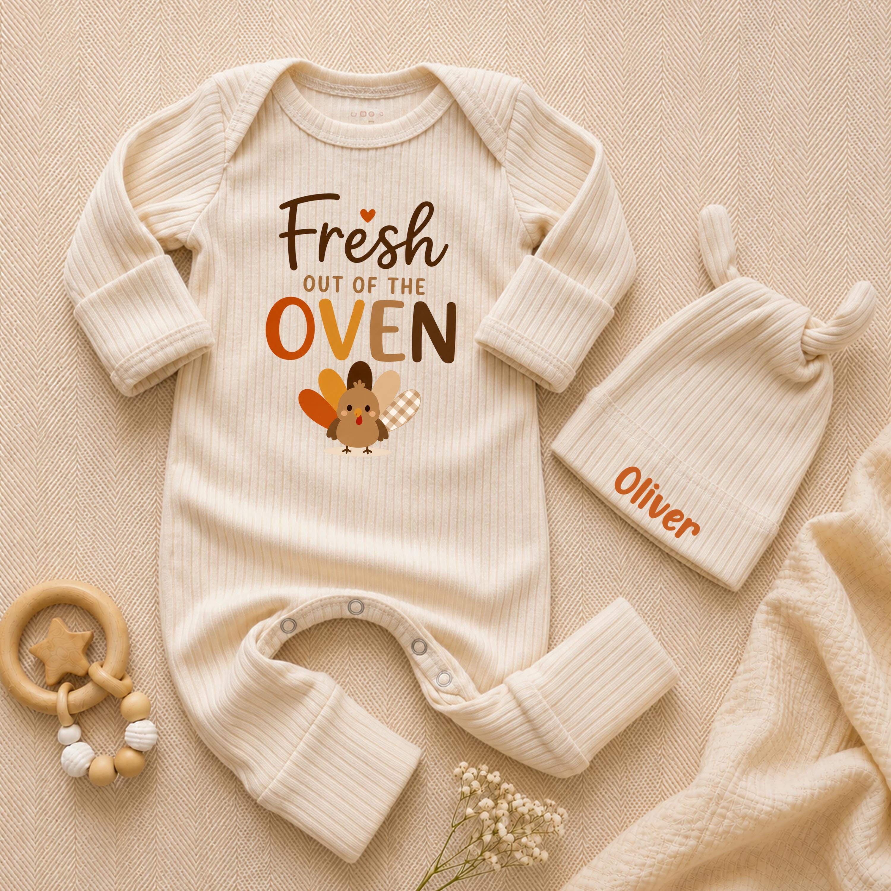 Fresh Out the Oven Baby Bodysuit with Thanksgiving Turkey Graphic and Custom Name Hat, Cute Newborn Fall Outfit for Baby Showers