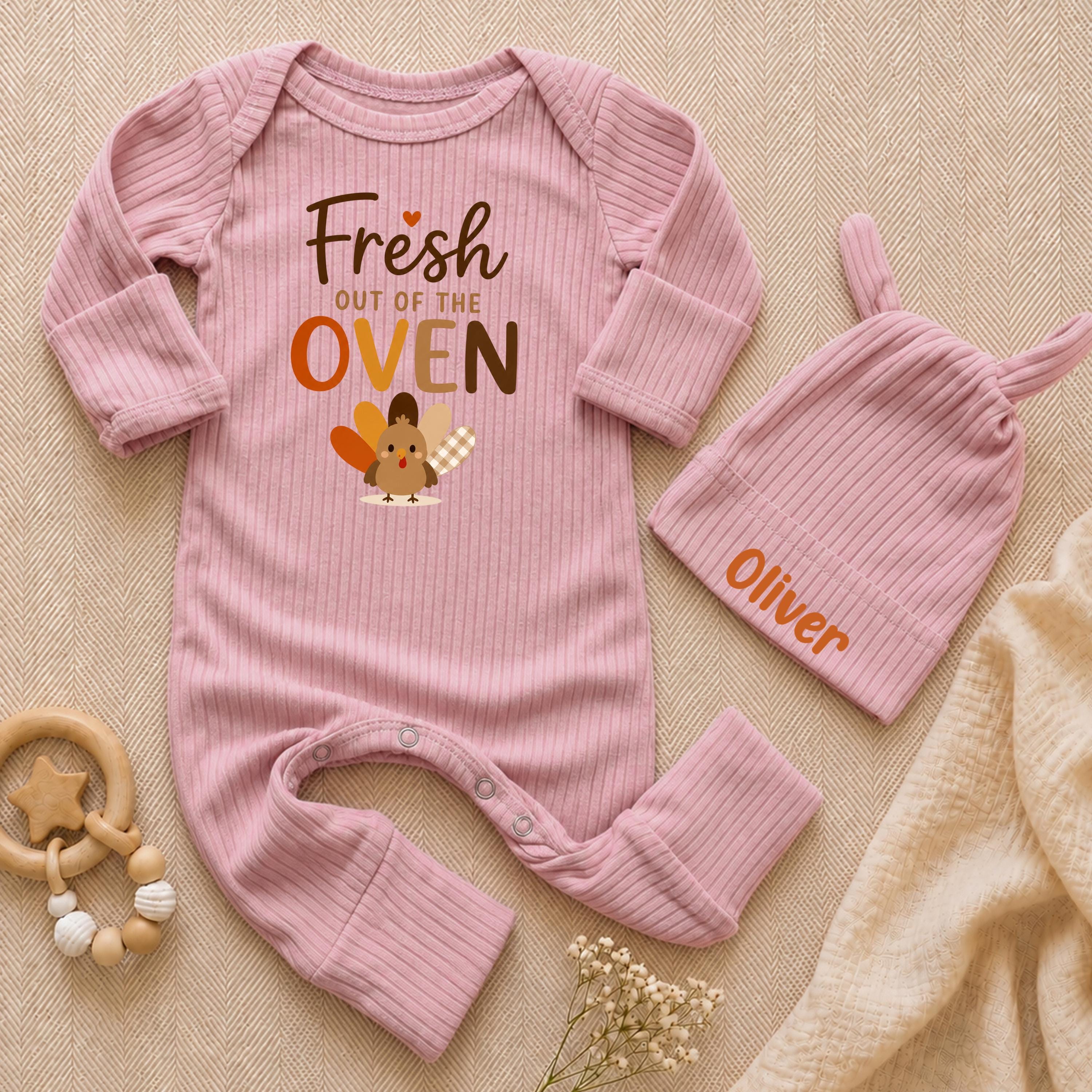 Fresh Out the Oven Baby Bodysuit with Thanksgiving Turkey Graphic and Custom Name Hat, Cute Newborn Fall Outfit for Baby Showers