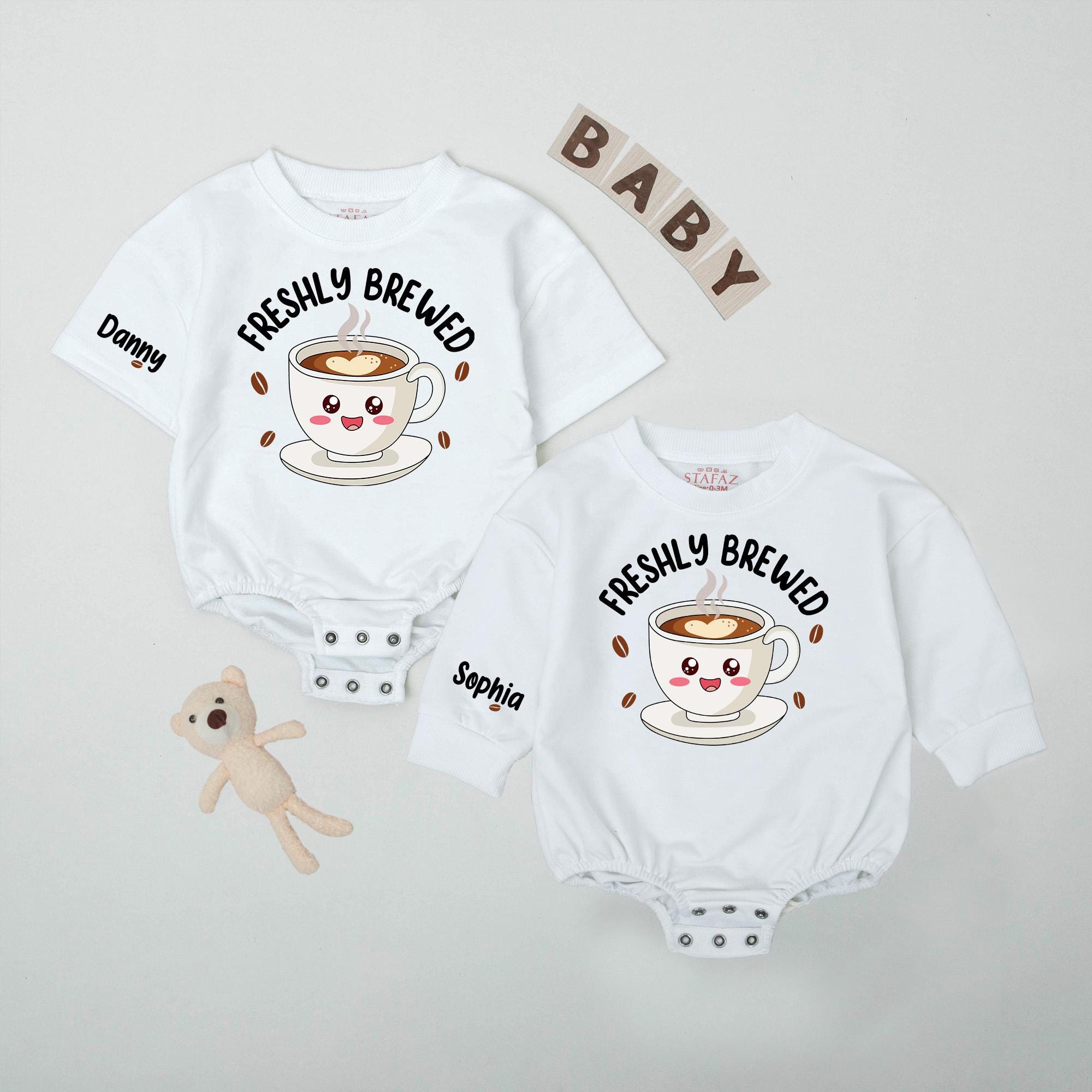 Freshly Brewed Coffee Baby Romper with Cute Mug Artwork and Custom Name, Funny Caffeine Lover Infant Outfit, Baby Shower Gift
