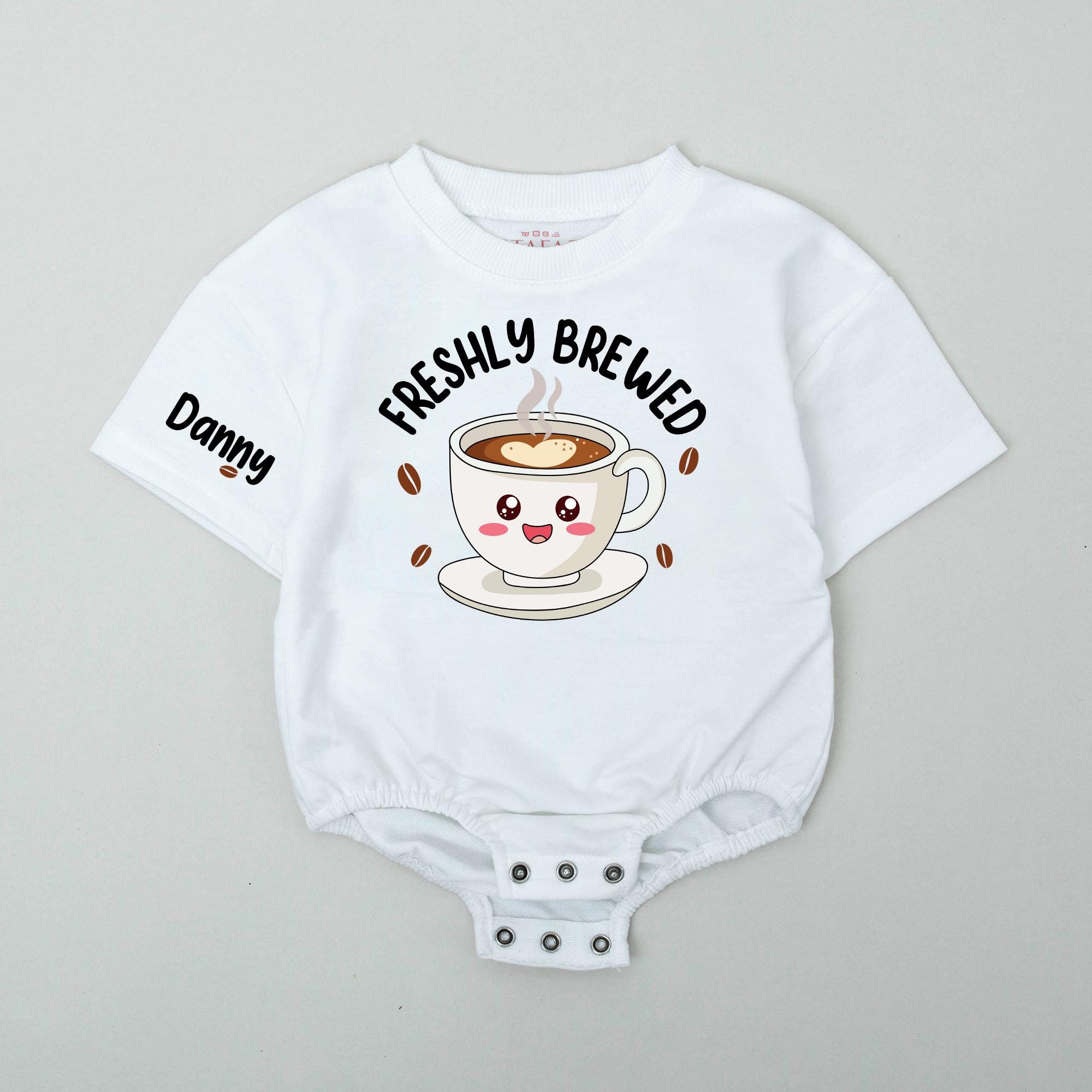 Freshly Brewed Coffee Baby Romper with Cute Mug Artwork and Custom Name, Funny Caffeine Lover Infant Outfit, Baby Shower Gift
