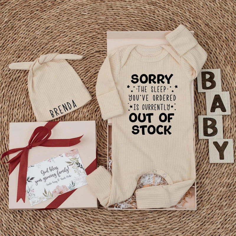 Funny Baby Bodysuit Custom Sleep Out of Stock Design Gender Neutral Newborn Outfit Soft Cotton Gift Idea for Baby Shower or Coming Home