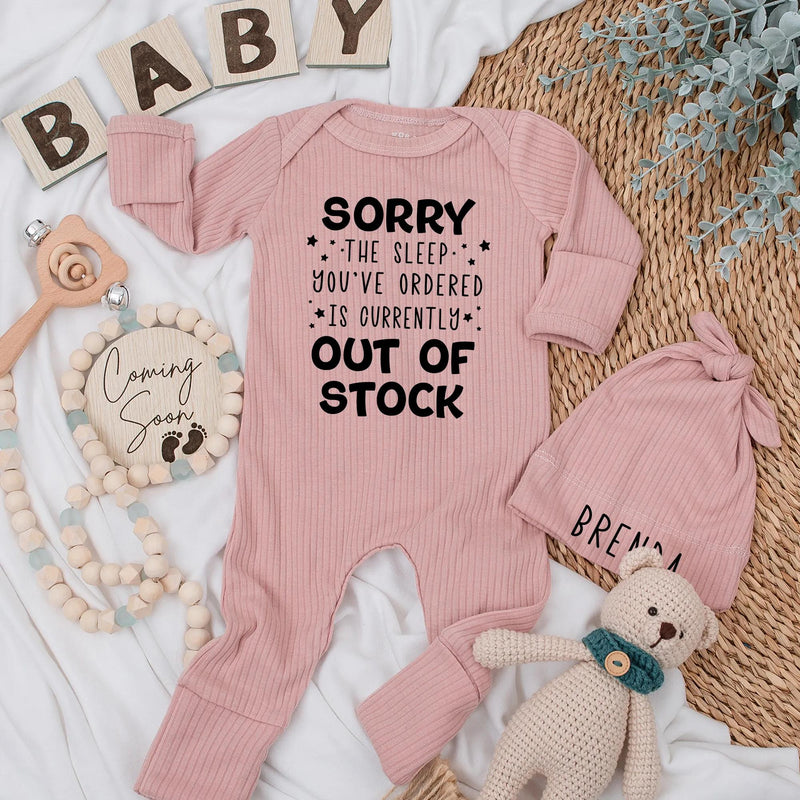 Funny Baby Bodysuit Custom Sleep Out of Stock Design Gender Neutral Newborn Outfit Soft Cotton Gift Idea for Baby Shower or Coming Home