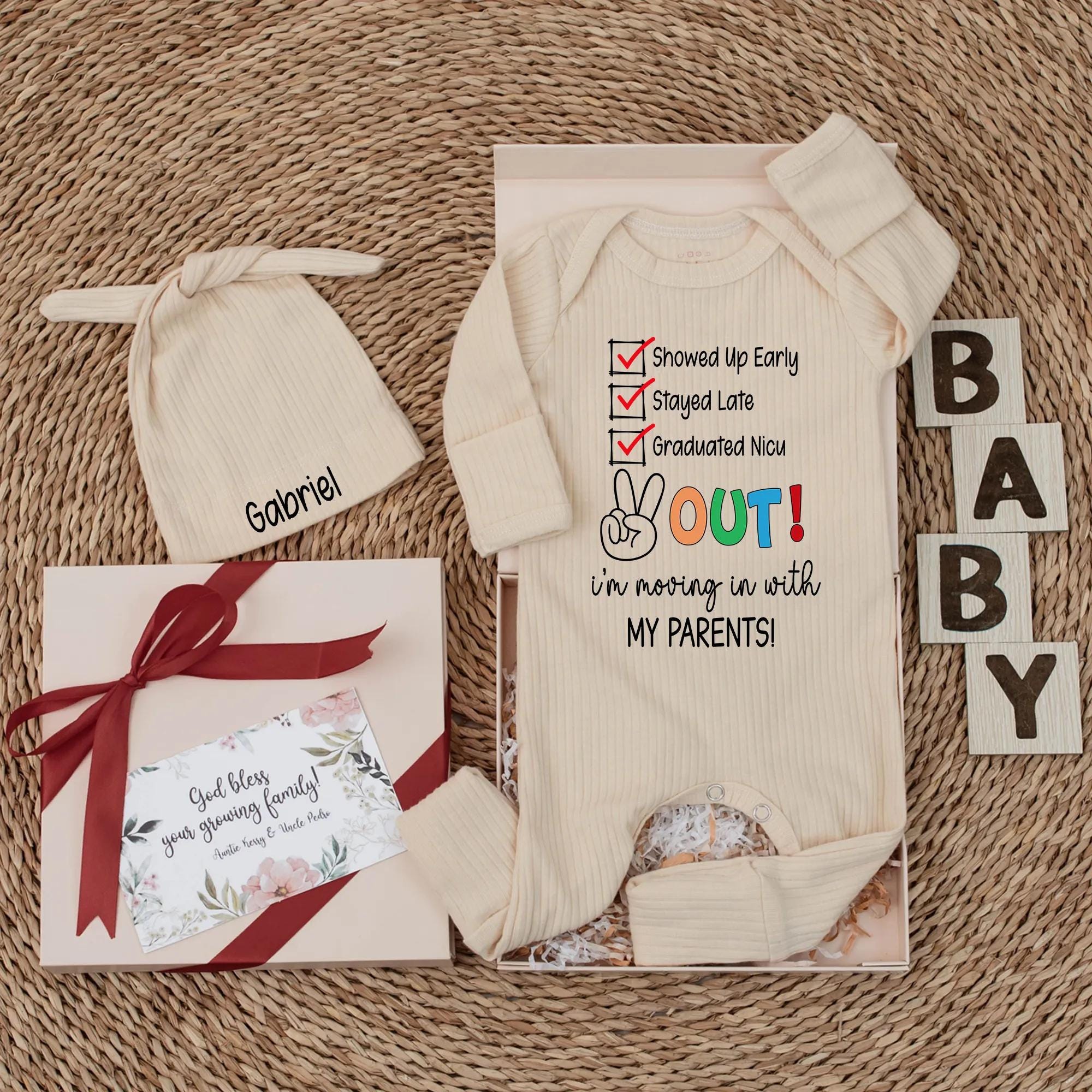Funny Baby Romper Custom Name Peace Sign NICU Grad Outfit Newborn Comfy Cotton Gift Rooming In with Parents Playful Design