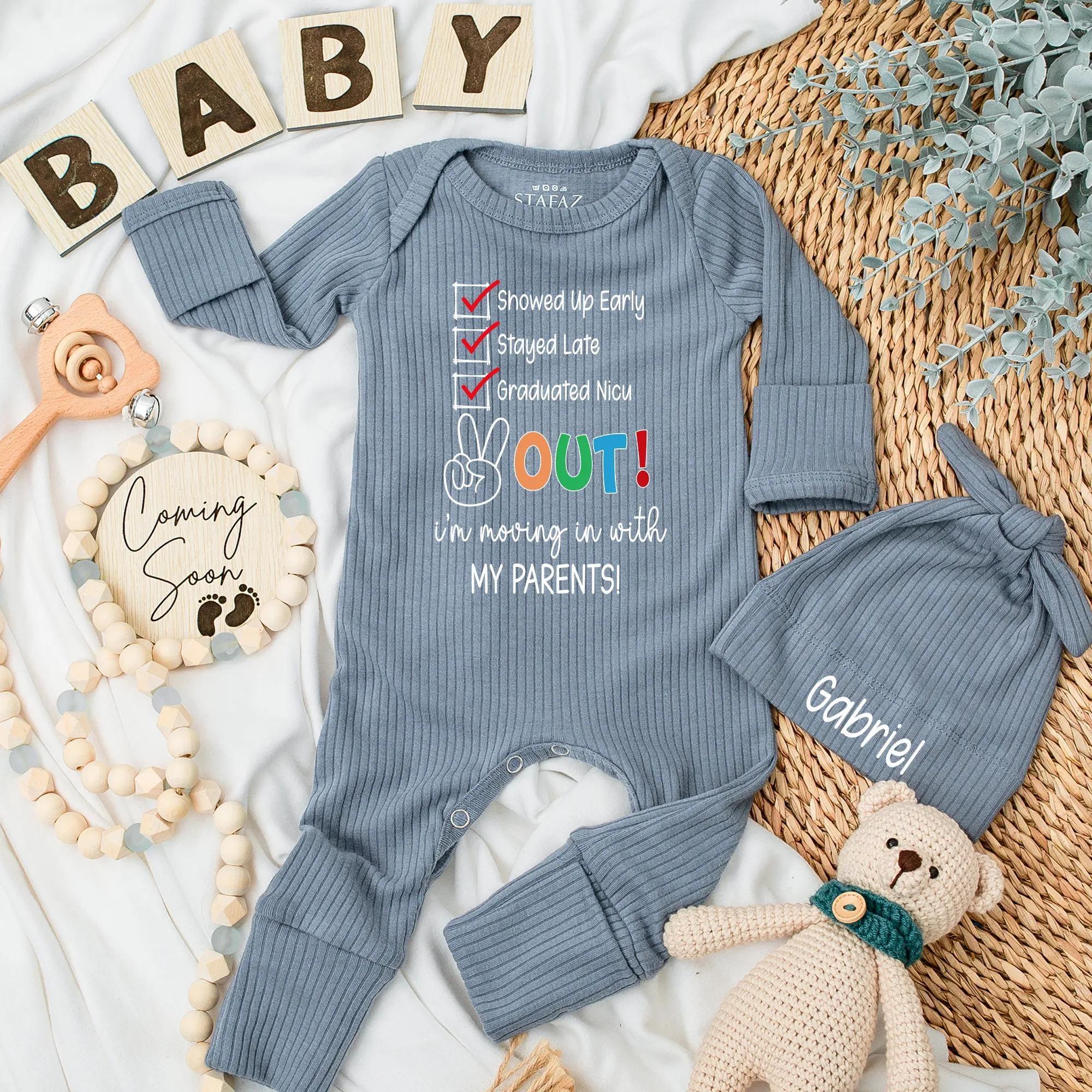 Funny Baby Romper Custom Name Peace Sign NICU Grad Outfit Newborn Comfy Cotton Gift Rooming In with Parents Playful Design