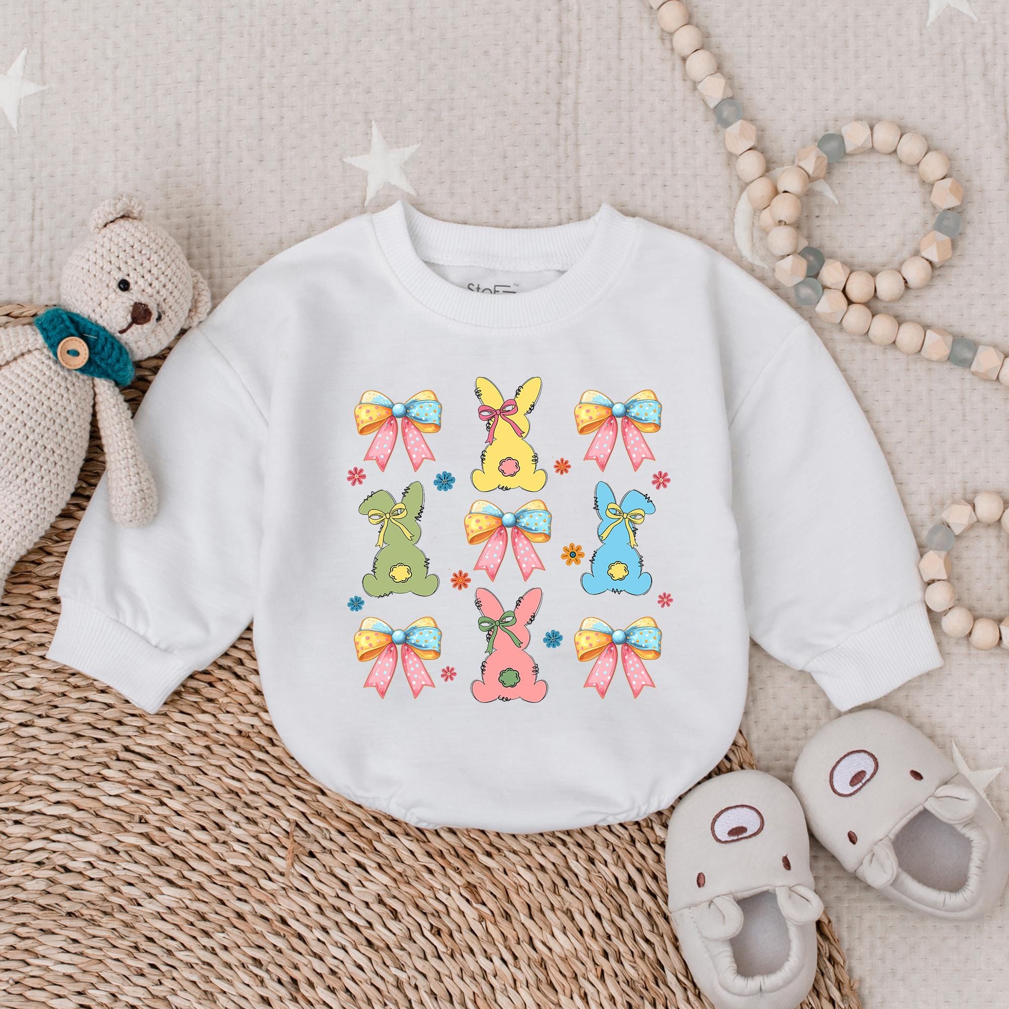 Funny Bunny Baby Romper Colorful Pastel Easter Outfit Whimsical Design Comfortable Cotton Infant Boy Girl Shower Gift Playful Spring