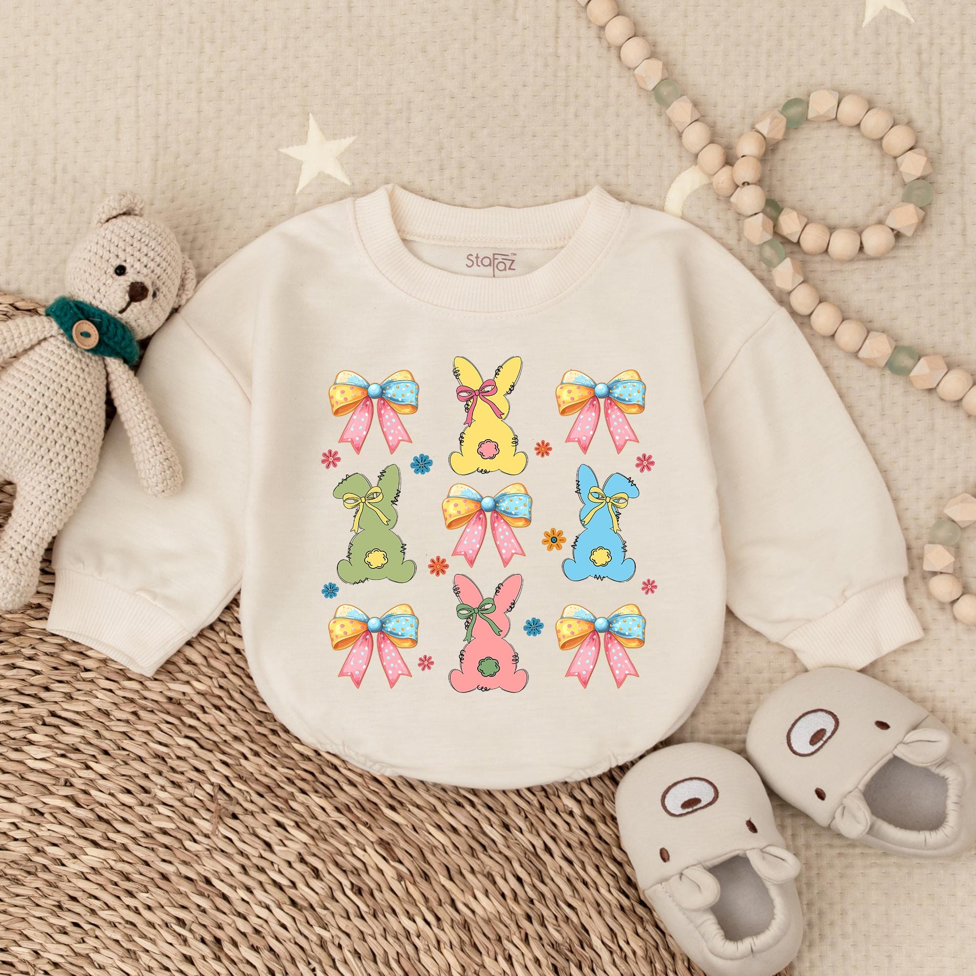 Funny Bunny Baby Romper Colorful Pastel Easter Outfit Whimsical Design Comfortable Cotton Infant Boy Girl Shower Gift Playful Spring
