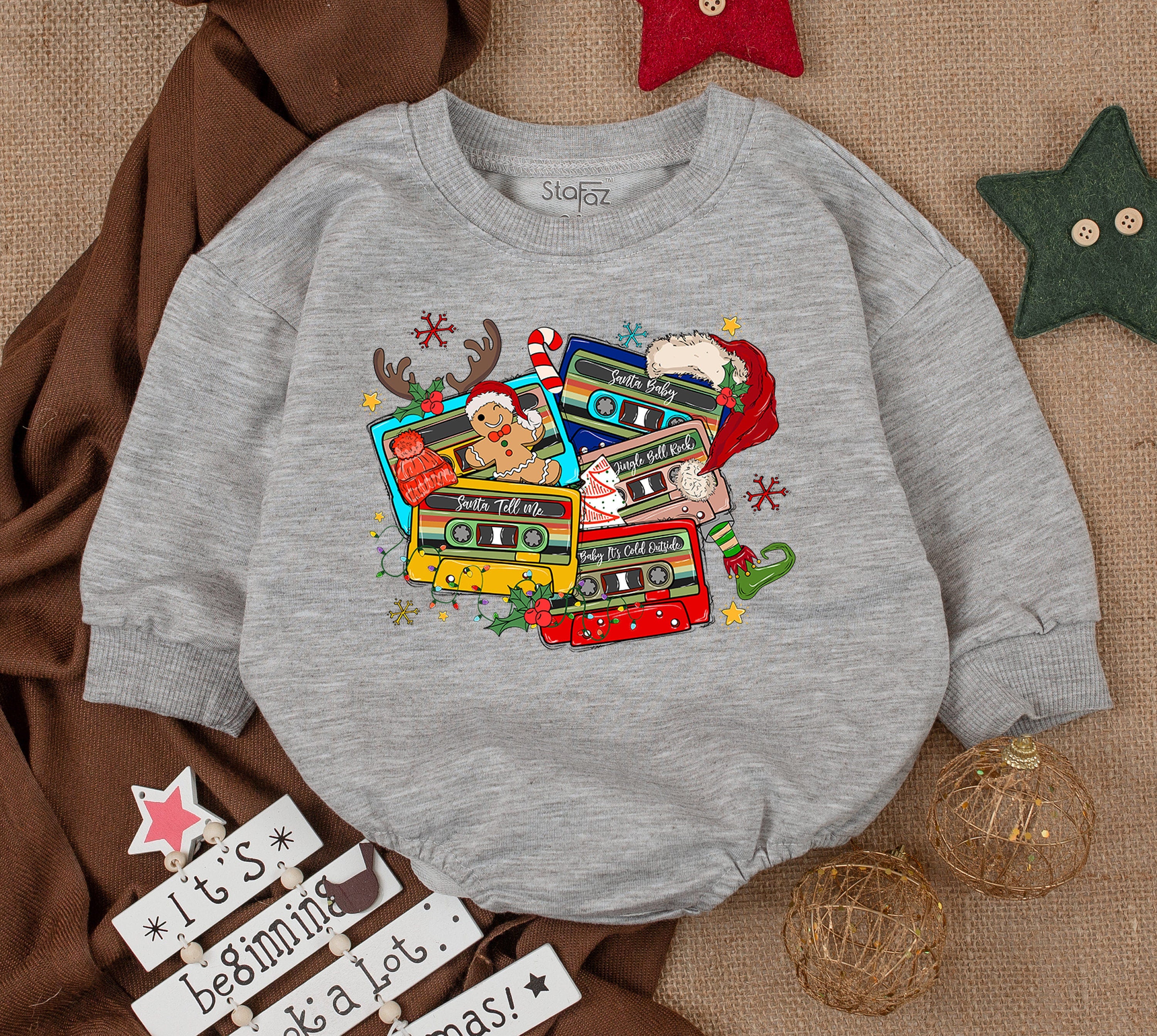 Funny Christmas Baby Romper Retro Cassette Design Holiday Outfit Infant Gift Santa Reindeer Festive 1st Xmas Soft Cotton Clothes