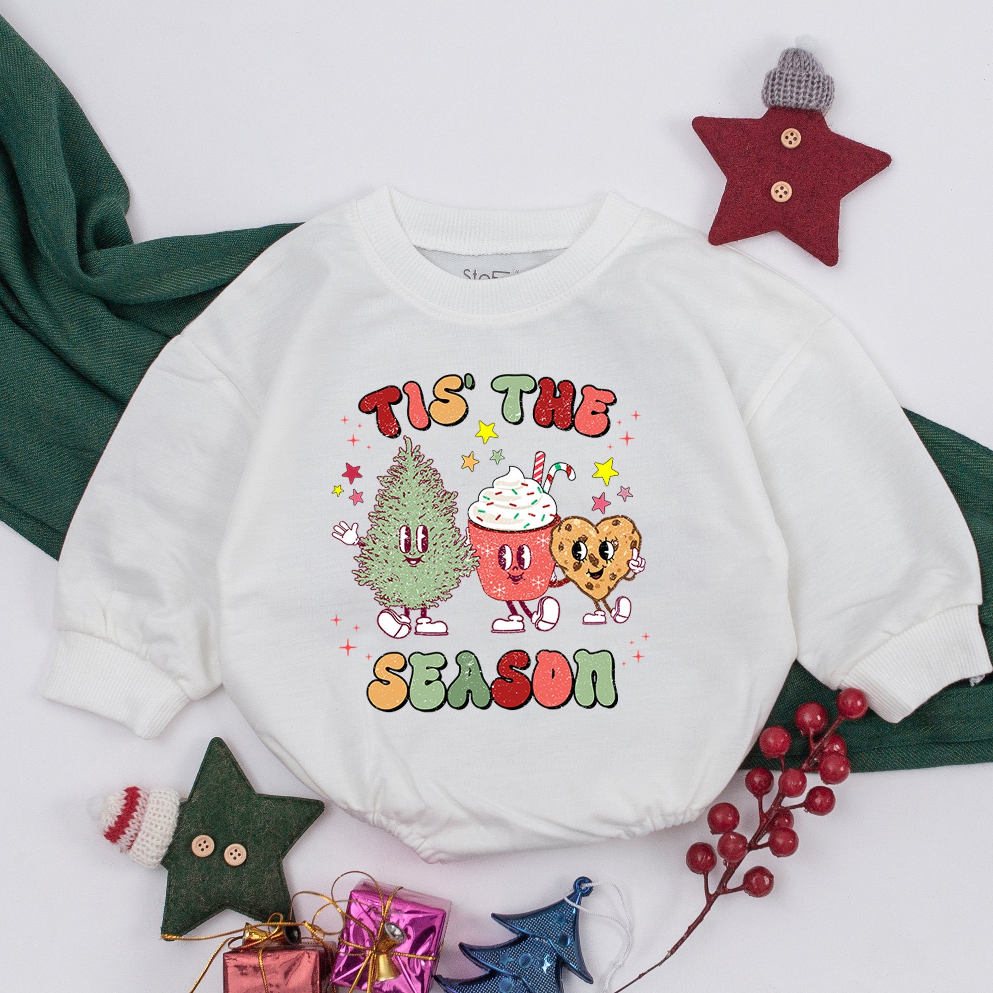 Funny Christmas Baby Romper Tis The Season with Cartoon Tree Cookie Hot Chocolate Retro Holiday Vibe Perfect for 1st Christmas