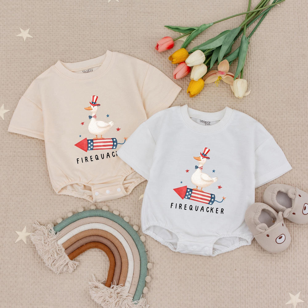 Funny Firequacker Baby Romper for Fourth of July, Patriotic Duck Outfit, Independence Day Infant Clothes, Soft Cotton Baby Gift