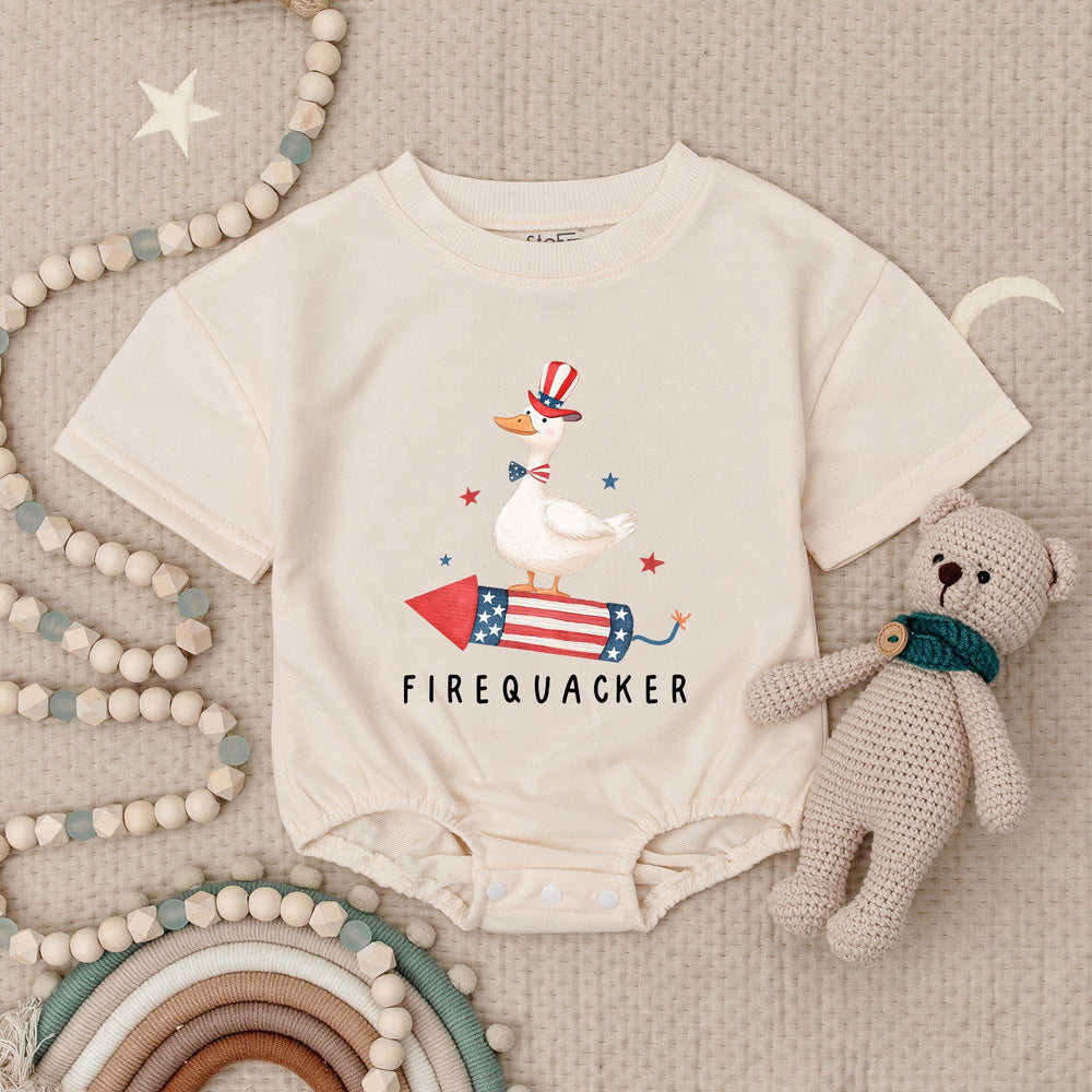 Funny Firequacker Baby Romper for Fourth of July, Patriotic Duck Outfit, Independence Day Infant Clothes, Soft Cotton Baby Gift