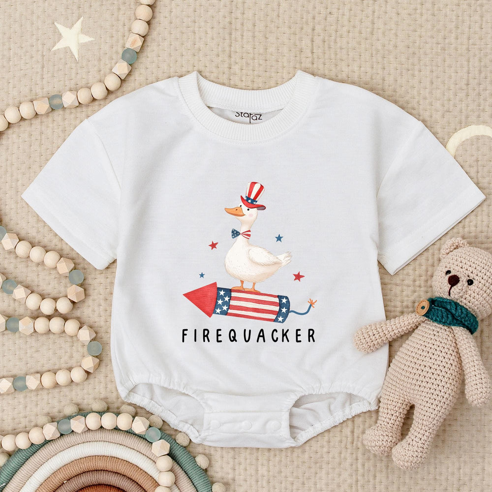 Funny Firequacker Baby Romper for Fourth of July, Patriotic Duck Outfit, Independence Day Infant Clothes, Soft Cotton Baby Gift