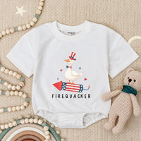 Funny Firequacker Baby Romper for Fourth of July, Patriotic Duck Outfit, Independence Day Infant Clothes, Soft Cotton Baby Gift