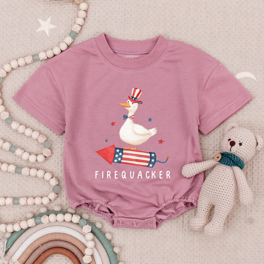 Funny Firequacker Baby Romper for Fourth of July, Patriotic Duck Outfit, Independence Day Infant Clothes, Soft Cotton Baby Gift
