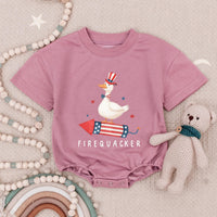 Funny Firequacker Baby Romper for Fourth of July, Patriotic Duck Outfit, Independence Day Infant Clothes, Soft Cotton Baby Gift
