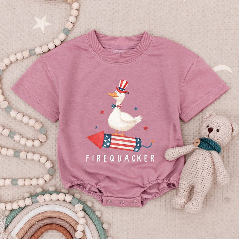 Funny Firequacker Baby Romper for Fourth of July, Patriotic Duck Outfit, Independence Day Infant Clothes, Soft Cotton Baby Gift