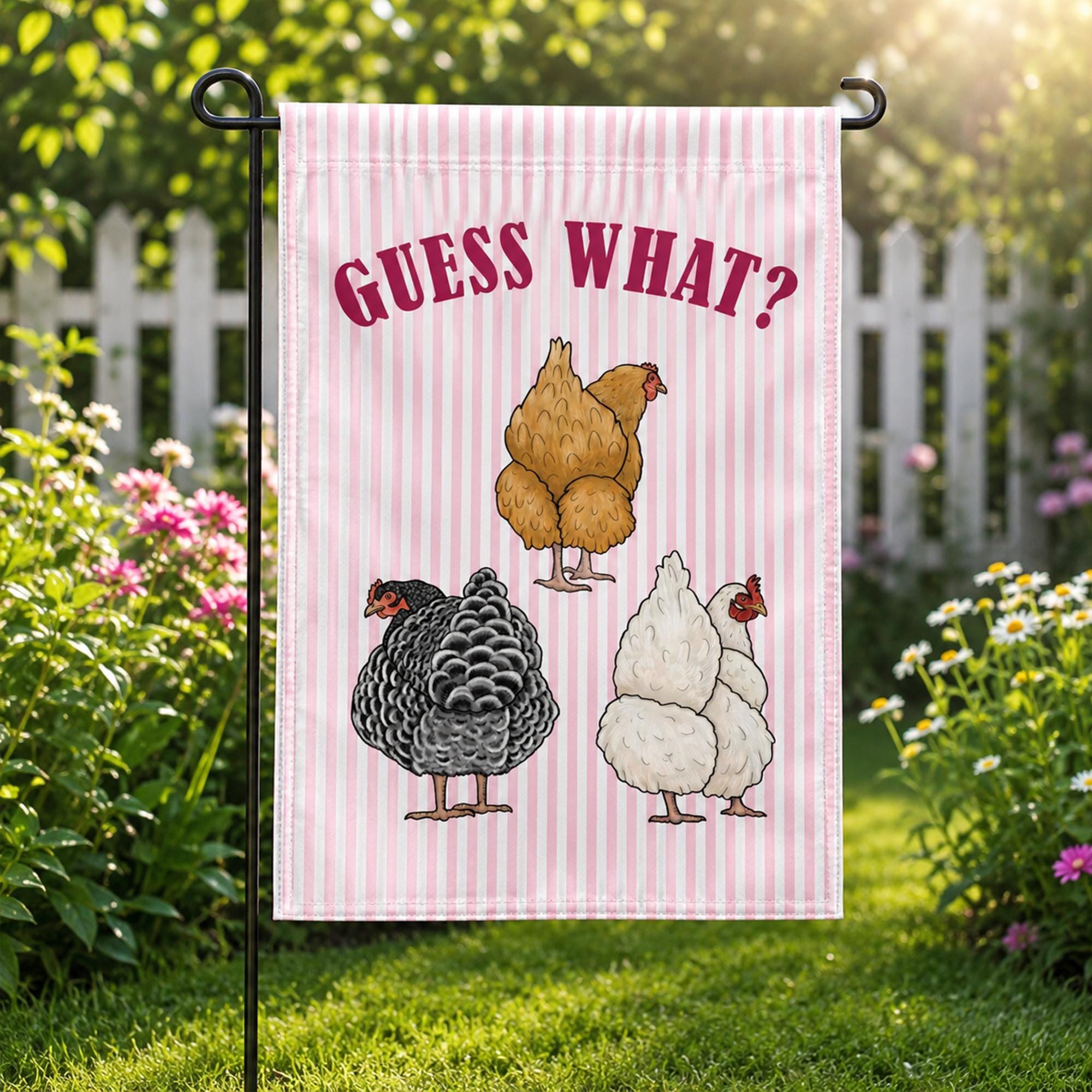 Funny Guess What Chicken Butt Garden Flag with Pink Stripes and Cartoon Chickens Farmhouse Porch Banner Summer Chicken Coop Decor