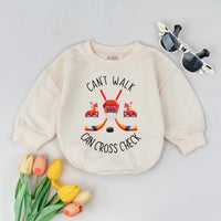 Funny Hockey Baby Bodysuit Can’t Walk Can Cross Check Red Helmet Design Gift for Newborns Sports Outfit for Boys or Girls Soft Cotton