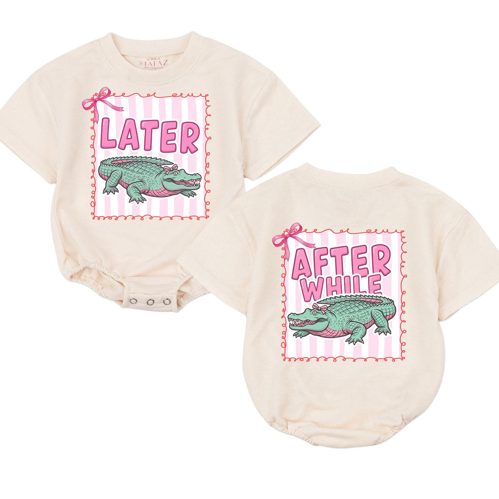 Funny Later Gator Baby Girl Romper with Pink Bow and Crocodile Design, Coquette-Inspired Infant Bodysuit, Cute Gift for Baby Showers