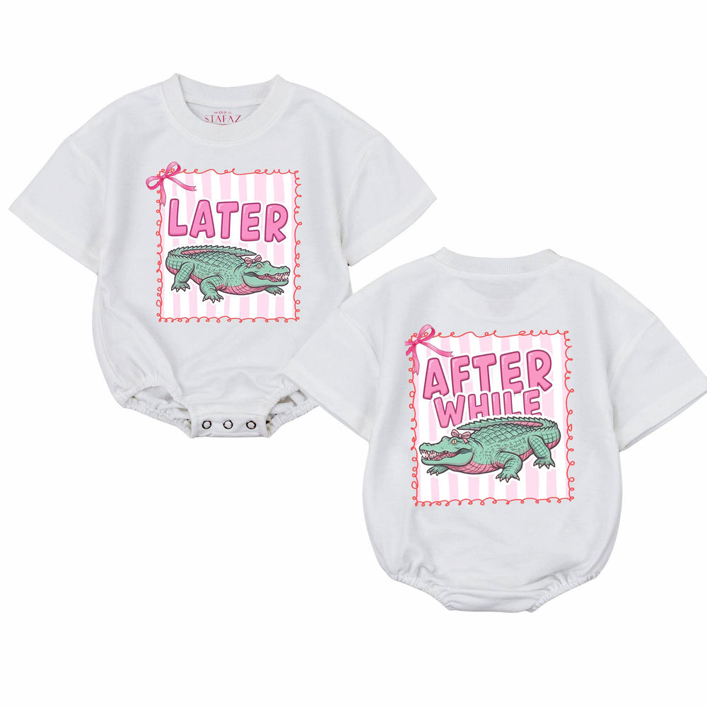 Funny Later Gator Baby Girl Romper with Pink Bow and Crocodile Design, Coquette-Inspired Infant Bodysuit, Cute Gift for Baby Showers