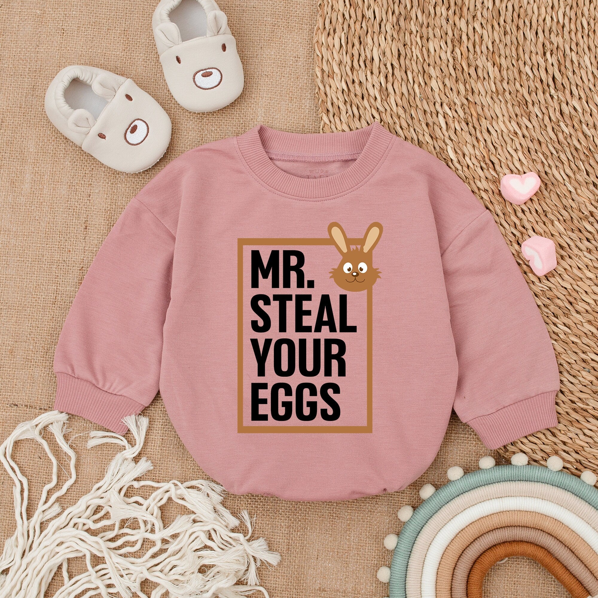 Funny Mr. Steal Your Eggs Bunny Baby Easter Romper Cute Infant Outfit Soft Cotton Holiday Clothes Newborn Gift Playful Design