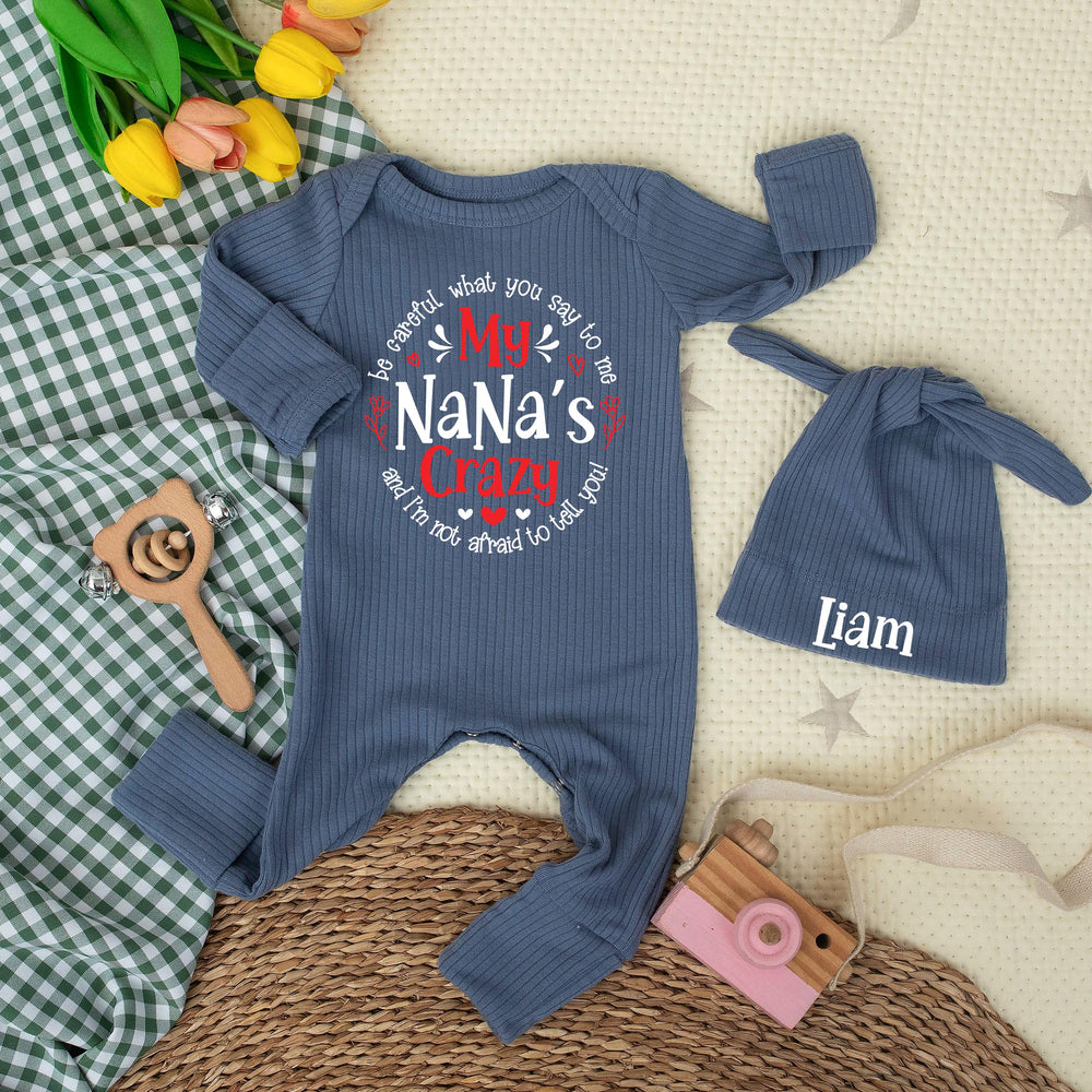 Funny My Nana's Crazy Baby Bodysuit with Red Hearts, Custom Newborn Outfit, Playful Grandma Gift for Baby Shower or First Birthday