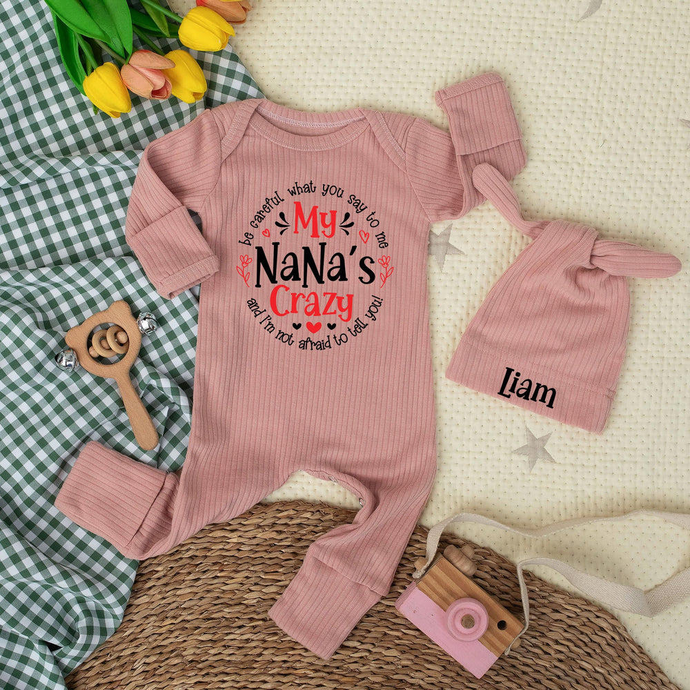 Funny My Nana's Crazy Baby Bodysuit with Red Hearts, Custom Newborn Outfit, Playful Grandma Gift for Baby Shower or First Birthday