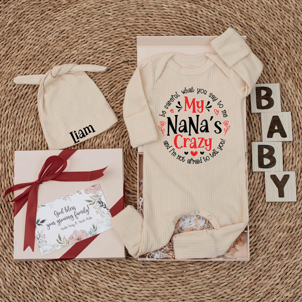 Funny My Nana's Crazy Baby Bodysuit with Red Hearts, Custom Newborn Outfit, Playful Grandma Gift for Baby Shower or First Birthday