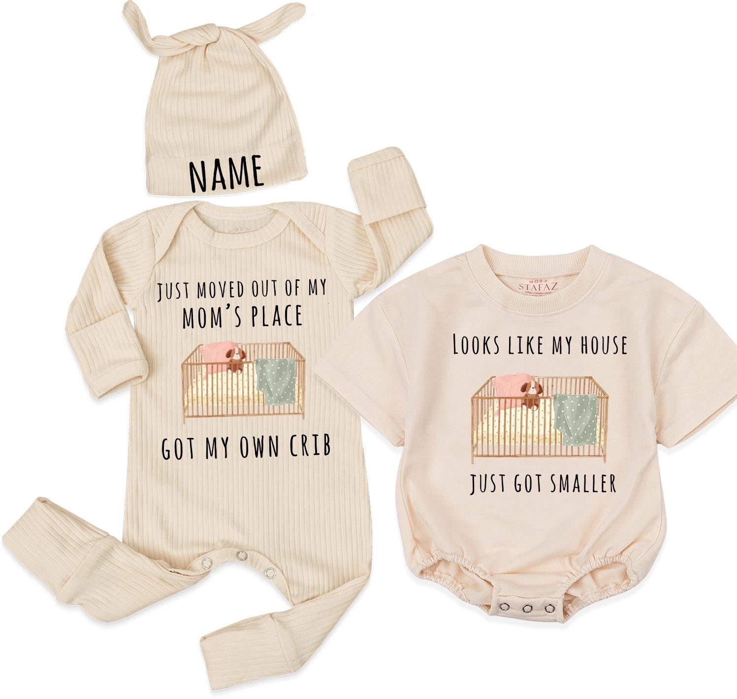 Funny Newborn Bodysuit Set with Crib Artwork and Custom Name Hat, Matching Family Shirts for Baby Announcement or Milestone Photos