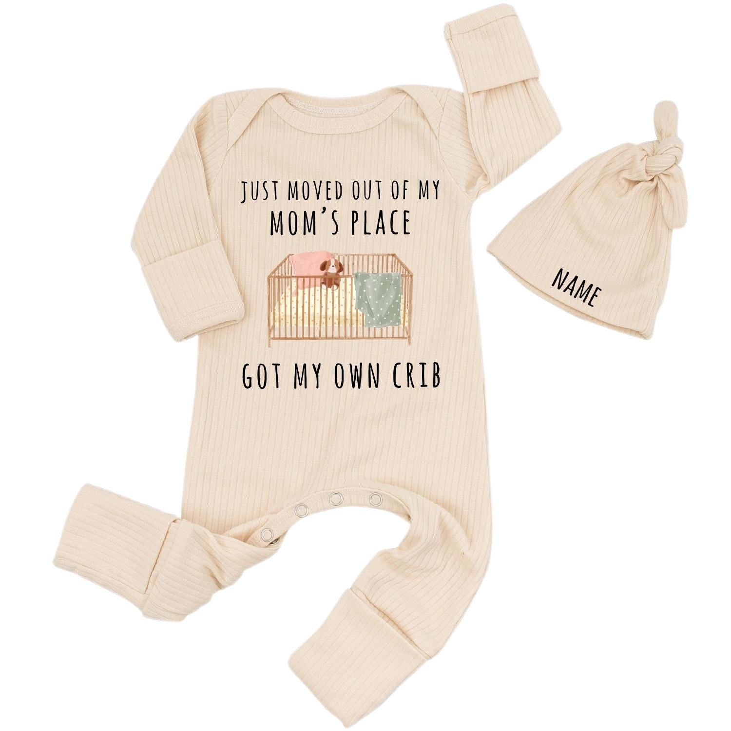 Funny Newborn Bodysuit Set with Crib Artwork and Custom Name Hat, Matching Family Shirts for Baby Announcement or Milestone Photos
