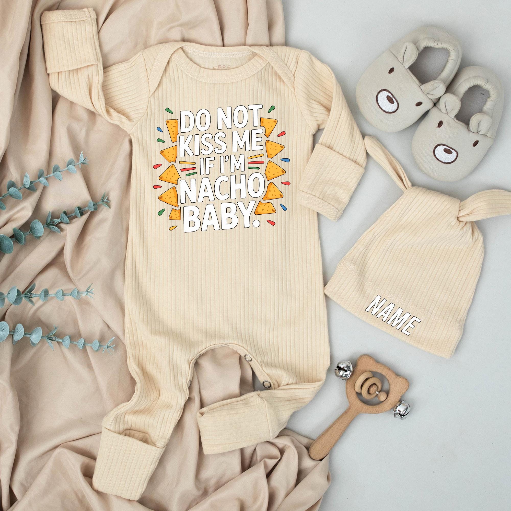 Funny Personalized Baby Bodysuit Set Do Not Kiss Me If I’m Nacho Baby Newborn Outfit with Hat Cute Shower Gift Infant Clothing