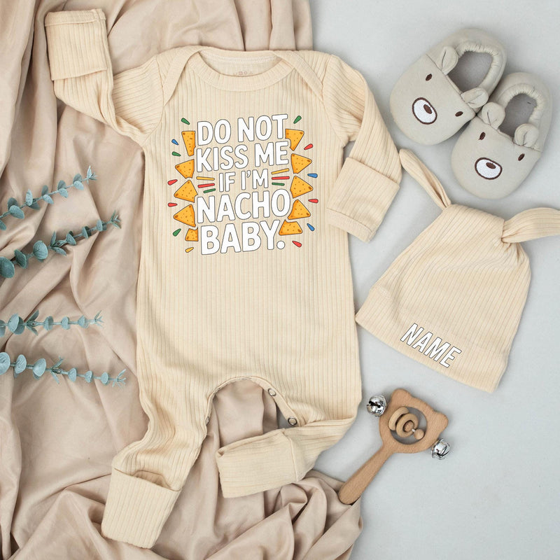 Funny Personalized Baby Bodysuit Set Do Not Kiss Me If I’m Nacho Baby Newborn Outfit with Hat Cute Shower Gift Infant Clothing