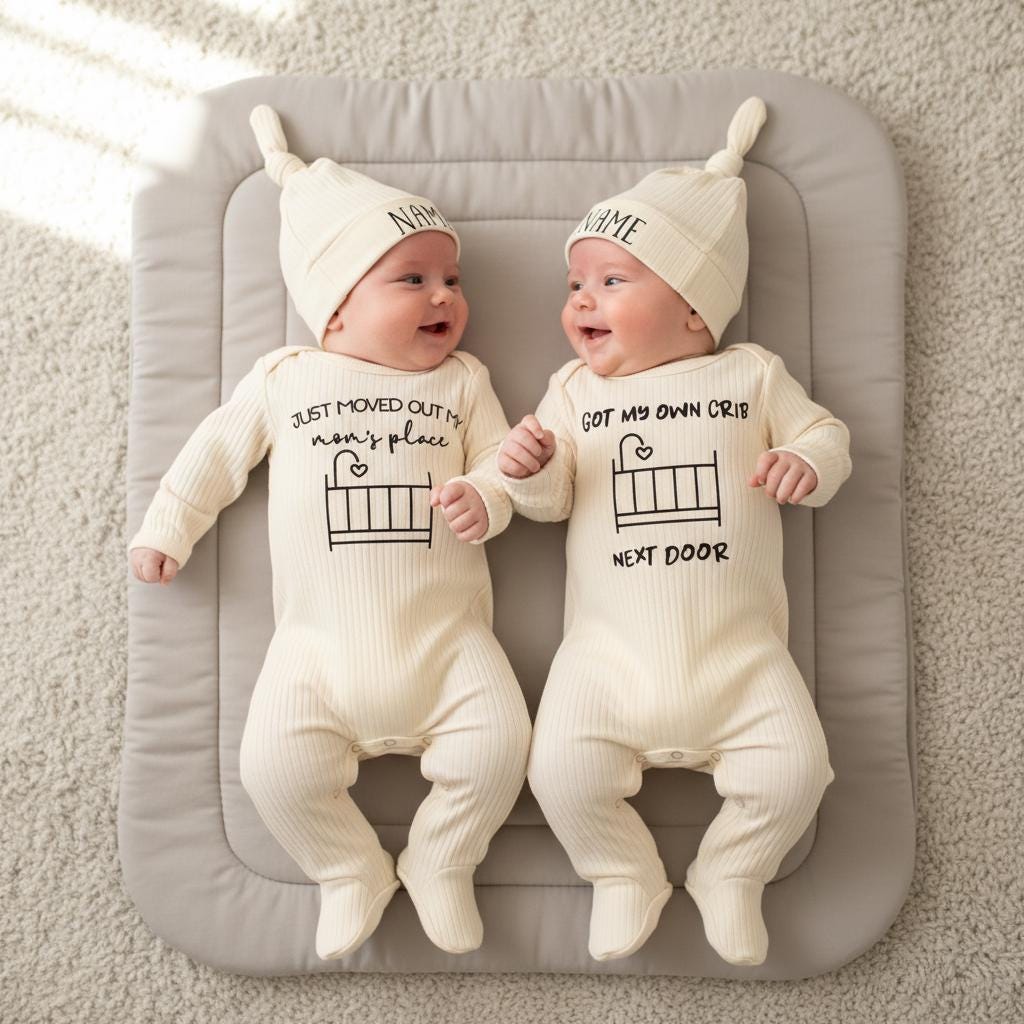 Funny Twin Baby Bodysuit and Hat Set Personalized Minimalist Design Crib Graphics Black on Cream Outfit Gift for Girls Coming Home Clothes