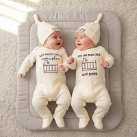 Funny Twin Baby Bodysuit and Hat Set Personalized Minimalist Design Crib Graphics Black on Cream Outfit Gift for Girls Coming Home Clothes